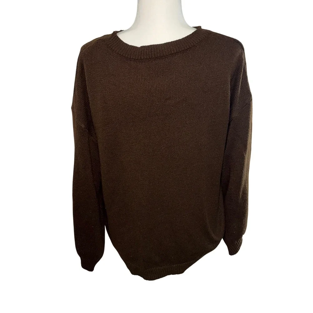 American Flag Knit Sweater Brown Crewneck Long Sleeve Americana Womens L cozy